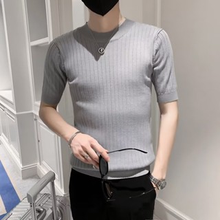 高階感條紋短袖t恤M~3XL 男士緊身中高領春季針織打底衫上衣 男內搭毛衣