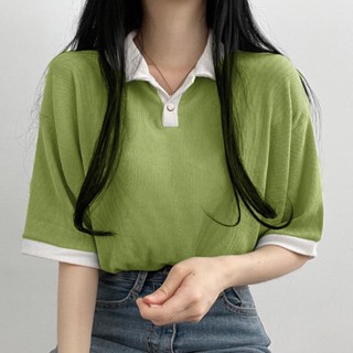 【JODIES】3色 S-2XL 學院風減齡polo領寬鬆短袖T恤女 夏季新款學生衣服 韓版顯瘦百搭拼接小個子短袖上衣女