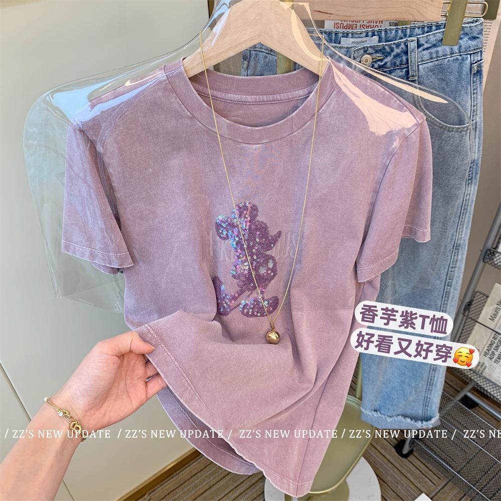 特大尺碼200斤香芋紫短袖T恤女設計感小眾卡通繡花韓版寬鬆亮片上衣