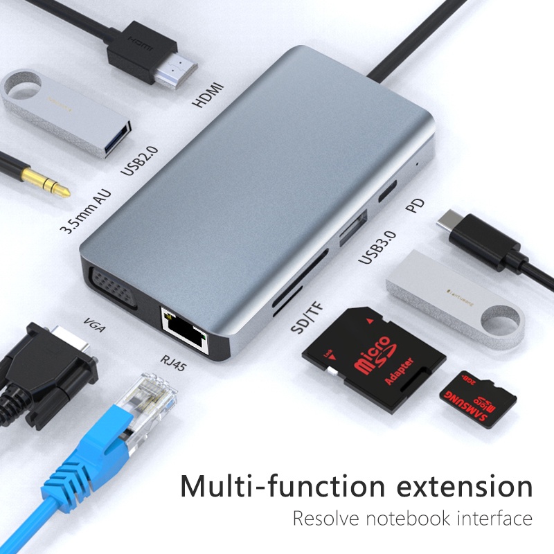 9 合 1 USB C 擴展塢 C 型 HUB USB3.0 HDMI 4K VGA Rj45 3.5MM 音頻 SD