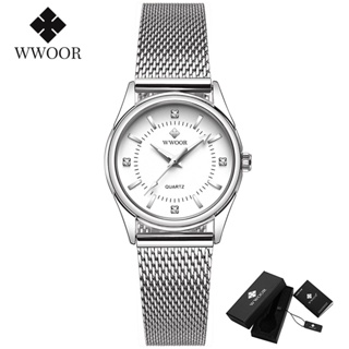 Wwoor 女士手錶女士時尚鑽石手錶品牌銀色優雅小手錶女士石英腕錶-8852