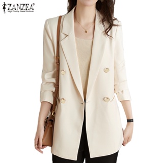Zanzea 女士韓國街頭時尚鈕扣翻領口袋單肩棉質西裝外套