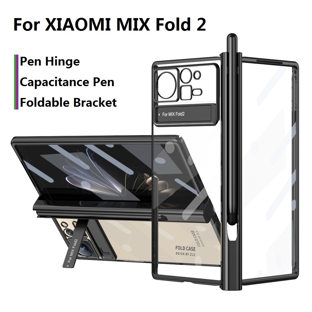 WW39小米 MIX Fold 2 手機殼帶雙鉸鏈保護器，XIAOMI Fold2 電鍍透明保護殼帶觸控筆和玻璃貼，內置