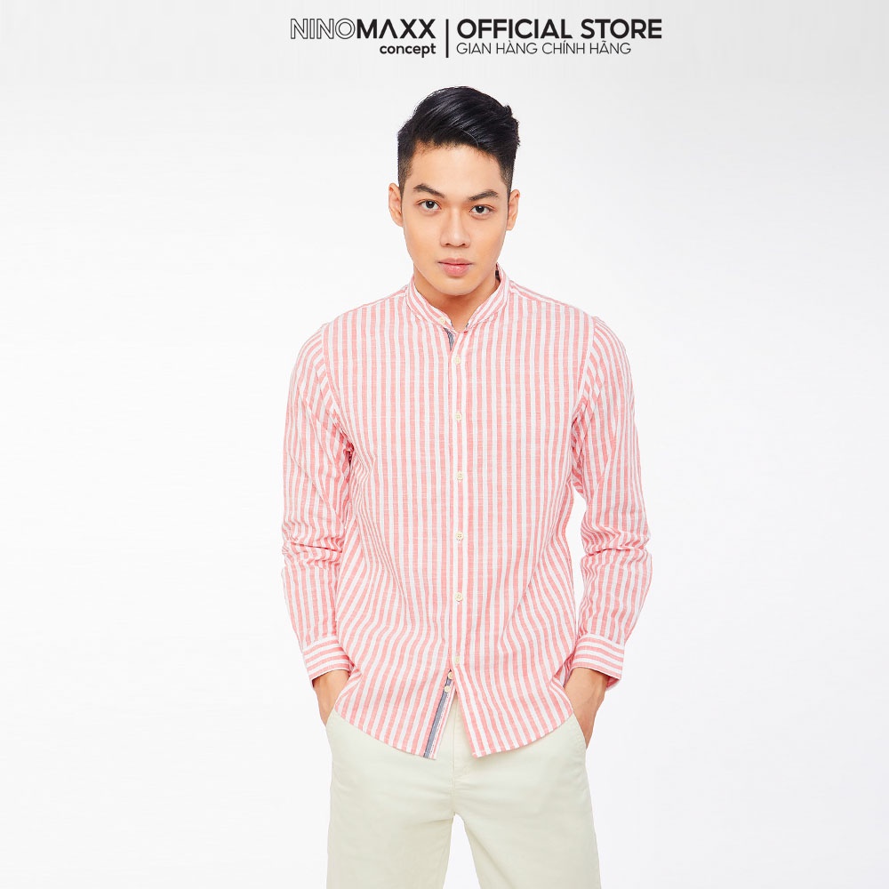 Ninomaxx 男式長袖襯衫配白色和粉色條紋亞麻常規版型 100% 棉 1905190