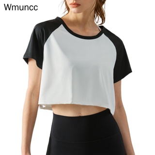 Wmuncc 對比色跑步運動露臍上衣女士寬鬆休閒瑜伽短袖 T 恤健身鍛煉服