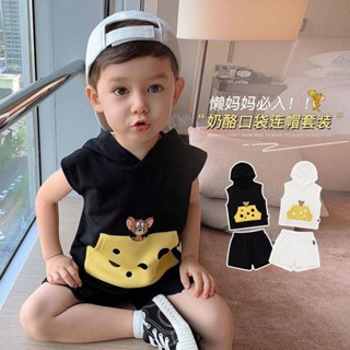 💫💫 可愛兔童裝 男女寶寶背心套裝 兒童卡通印花連帽衫 100%純棉 上衣短褲套裝