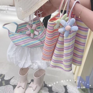 韓版童裝 女童套裝 兒童韓國兩件式套裝 夏季女寶寶條紋套裝 洋氣泫雅風彩虹立體小花小可愛吊帶背心時髦花苞褲套裝