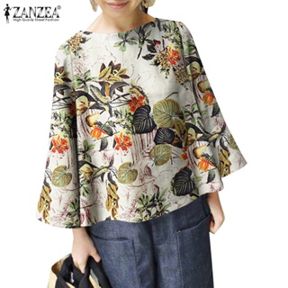 Zanzea 女式韓國日常喇叭袖蝙蝠領花卉印花襯衫
