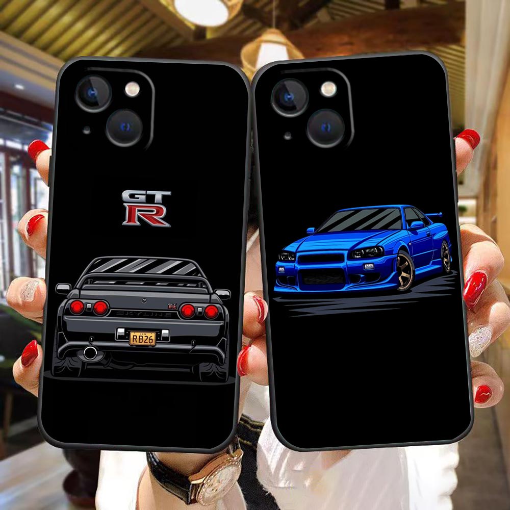 日本日產 Skyline GTR 跑車賽車繪畫黑色矽膠手機殼適用於蘋果 iPhone 14 11 12 13 Plus