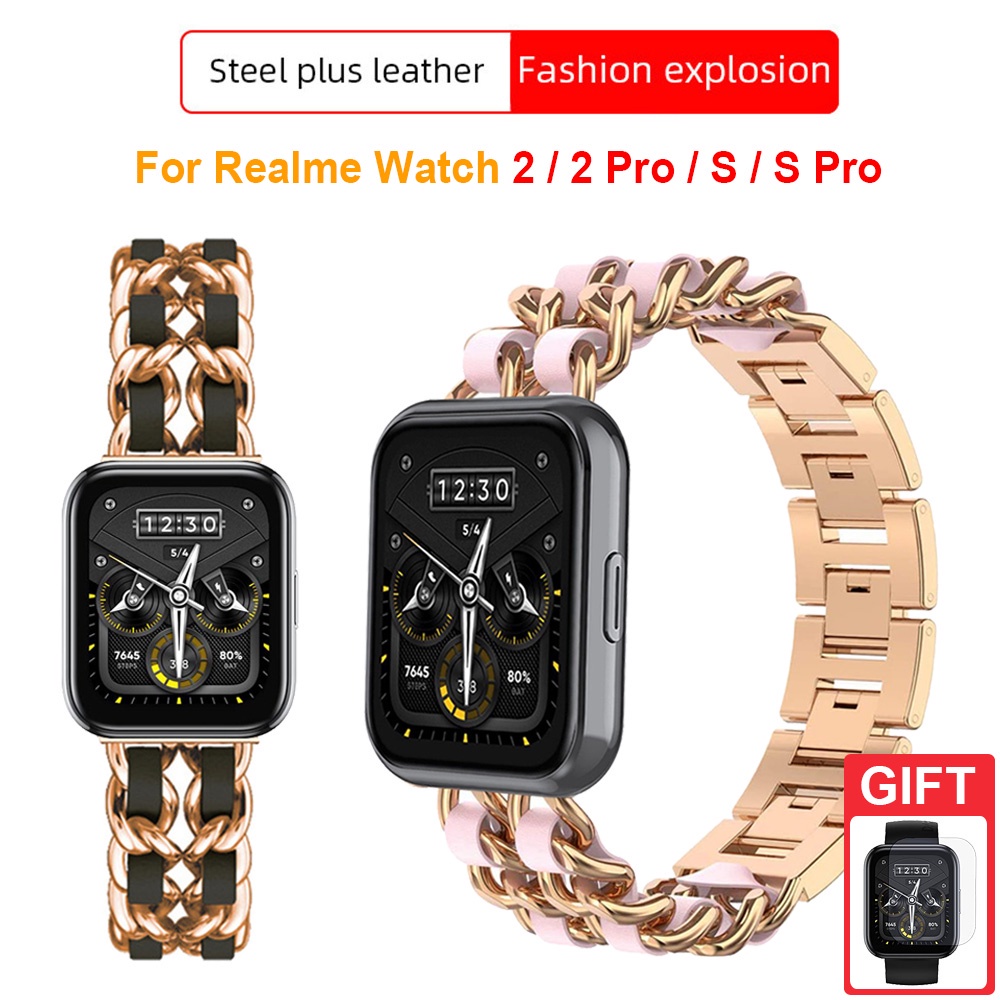 適用於 Realme Watch 3 / 3 Pro / 2 / 2 Pro / S 的不銹鋼錶帶手鍊皮革錶帶