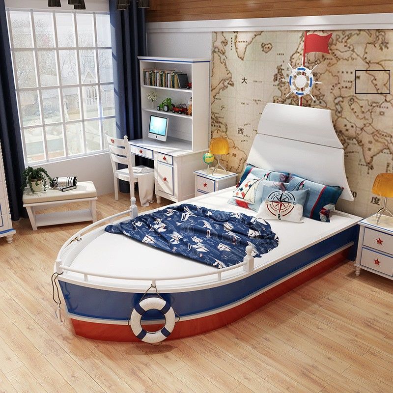 客製化兒童床 主題兒童床 奇妙童年定制家具實木兒童床帶護欄男孩單人床創意航海船型小孩床