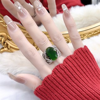 Bling 仿祖母綠彩寶戒指女開口奢華氣質鏤空滿鑽食指戒tiktok網紅直播