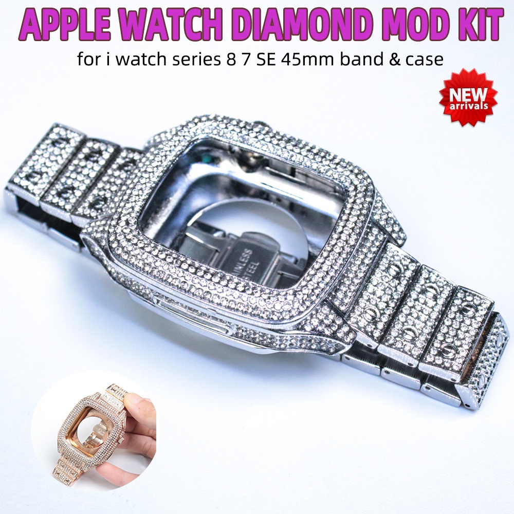 豪華鑽石改裝套件閃亮鑽石錶帶+錶殼兼容 Apple Watch 系列 8 7 6 5 4 iWatch 45mm