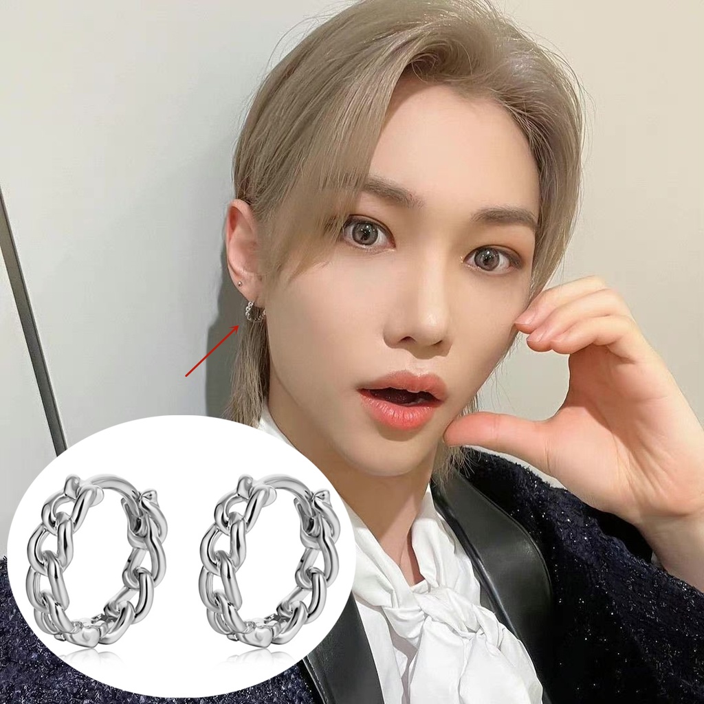 Kpop Stray Kids FELIX 同款個性鏈條耳環簡約扭環耳環韓國時尚飾品