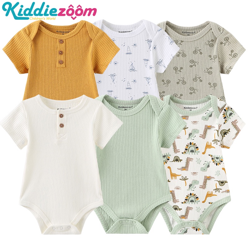 Kiddiezoom 6件組合 夏季短袖卡通嬰兒連身衣 男女寶寶包屁衣 0-12個月嬰兒衣服