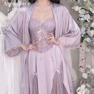 aseaspace·蕾絲帶胸墊吊帶睡裙奢華優雅性感網紗家居服睡裙吊帶睡袍居家服