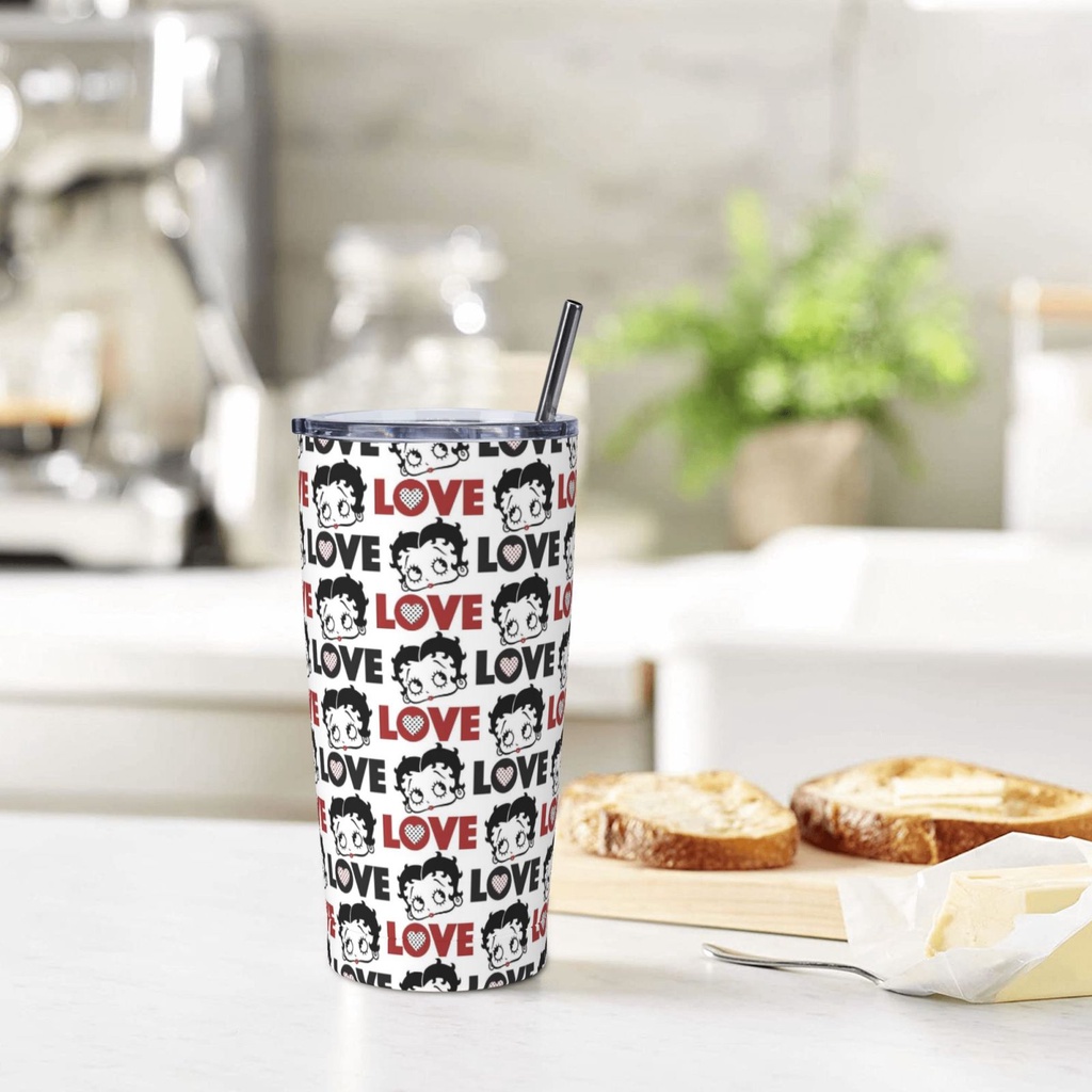 Betty Boop 保溫杯帶蓋和吸管冰咖啡杯可重複使用不銹鋼水瓶旅行杯情人節