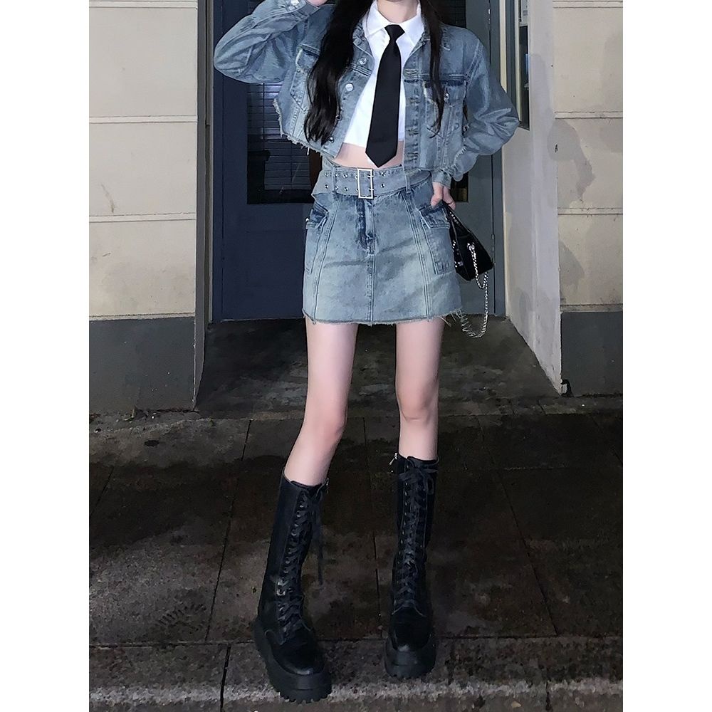 【SHINE GIRL】高級感 春秋牛仔套裝女 2023年新款 氣質復古 短外套 高腰半身裙 兩件套