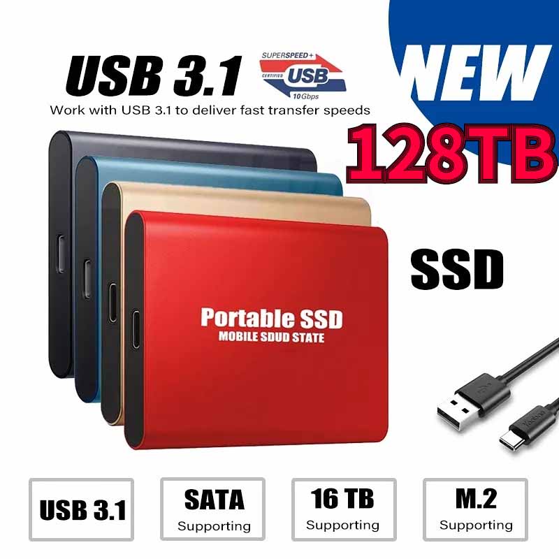 全新便攜式 SSD 1TB 2TB 8TB 16TB 30TB 60TB 128TB 外置固態硬盤大容量可移動存儲設備