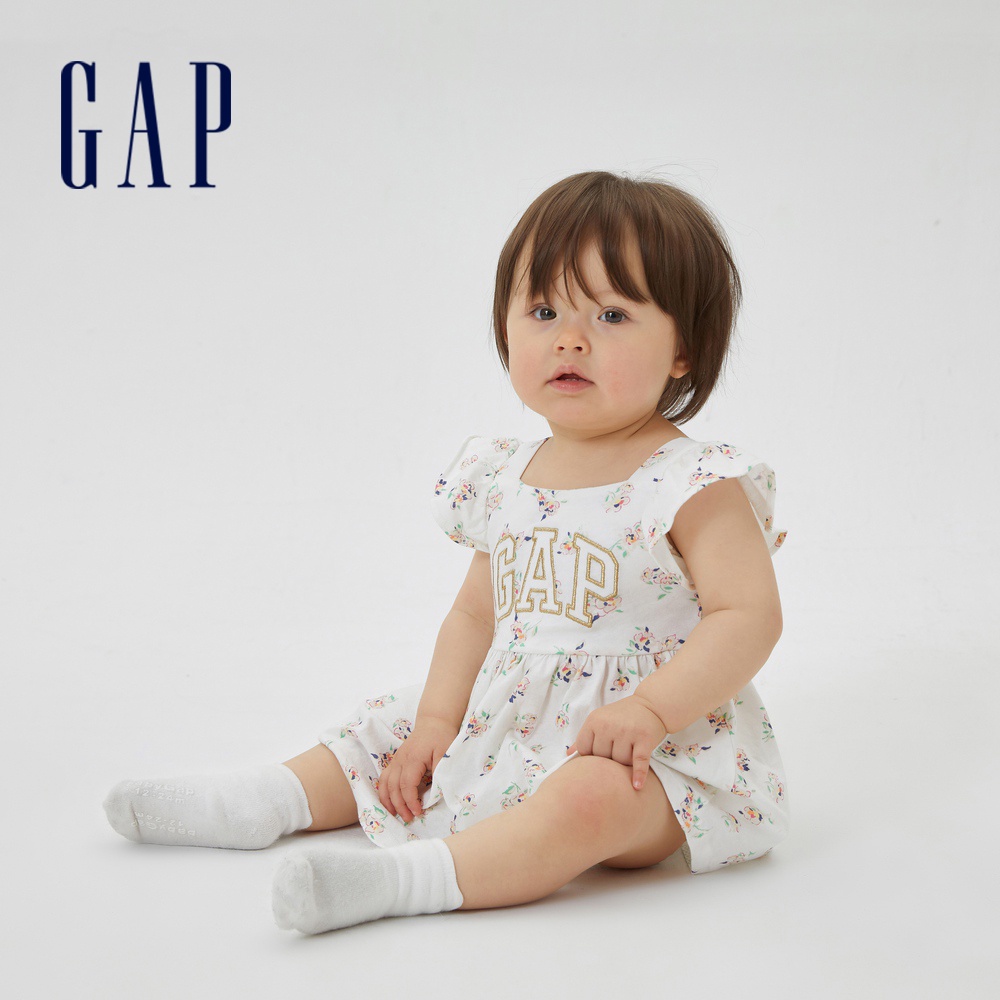 Gap 嬰兒裝 Logo印花短袖洋裝-白色碎花(600836)