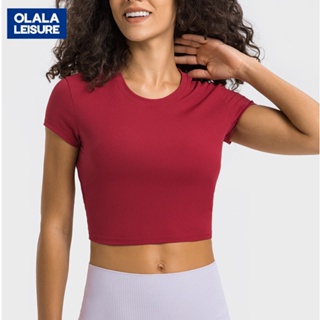 OLALA新款圓領緊身顯瘦運動短袖 羅紋高強彈力塑形健身瑜伽服 女