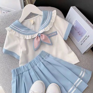 【現貨速發】女童夏裝套裝新款洋氣兒童JK制服學院風短版女孩水手服兩件套 童裝