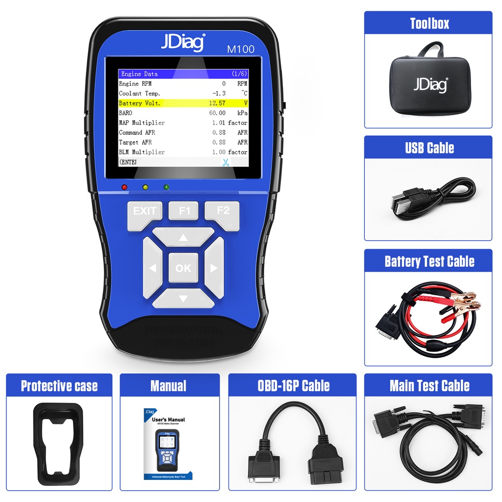 Jdiag M100 摩托車診斷工具簡單版 M100 摩托車診斷掃描儀可讀/擦除故障代碼多語言