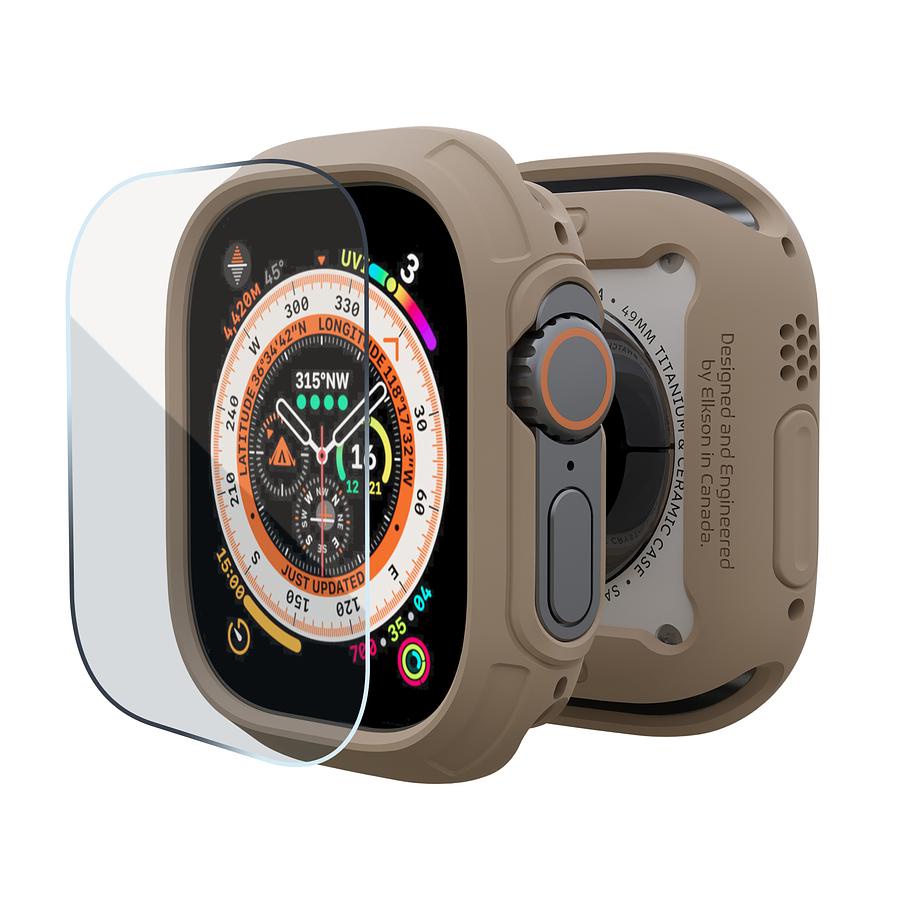 elkson Apple Watch Ultra 49mm Quattro Max軍規防撞保護殼+鋼化膜套組/ 沙色 eslite誠品