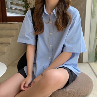 夏季藍色襯衫短袖女學生寬鬆襯衫復古上衣女