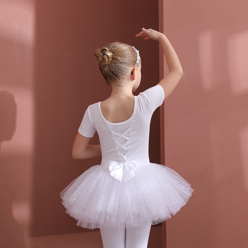 兒童芭蕾舞蹈裙 春秋長袖練舞衣 女童裙子  白色純棉練功服 中國舞亮片紗裙