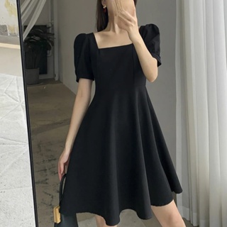 黑色短袖洋裝 韓版方領素色洋裝 夏季中長裙a字裙
