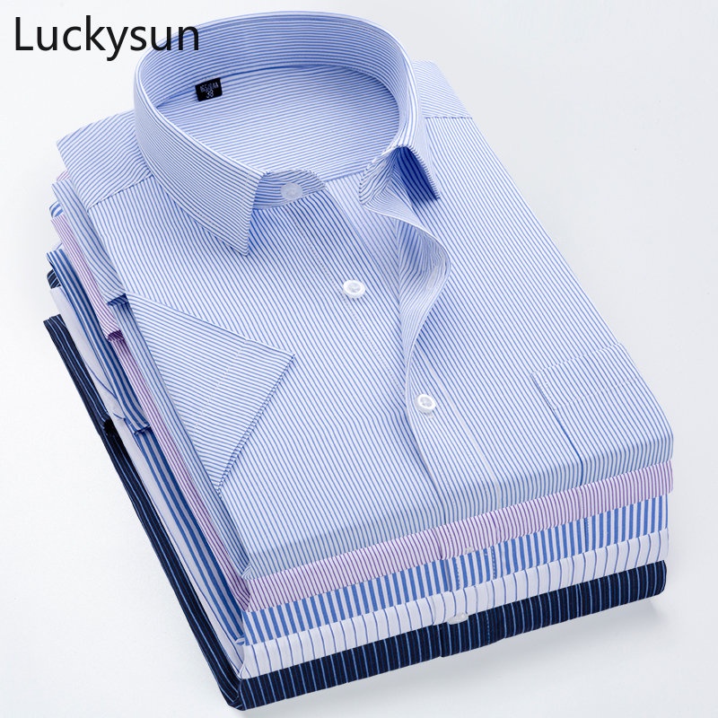 LUCKYSUN條紋短袖襯衫 男士休閒襯衫  夏季高品質柔軟舒適男生襯衫 抗皺免燙素色條紋休閒襯衫 男生衣著 37-44
