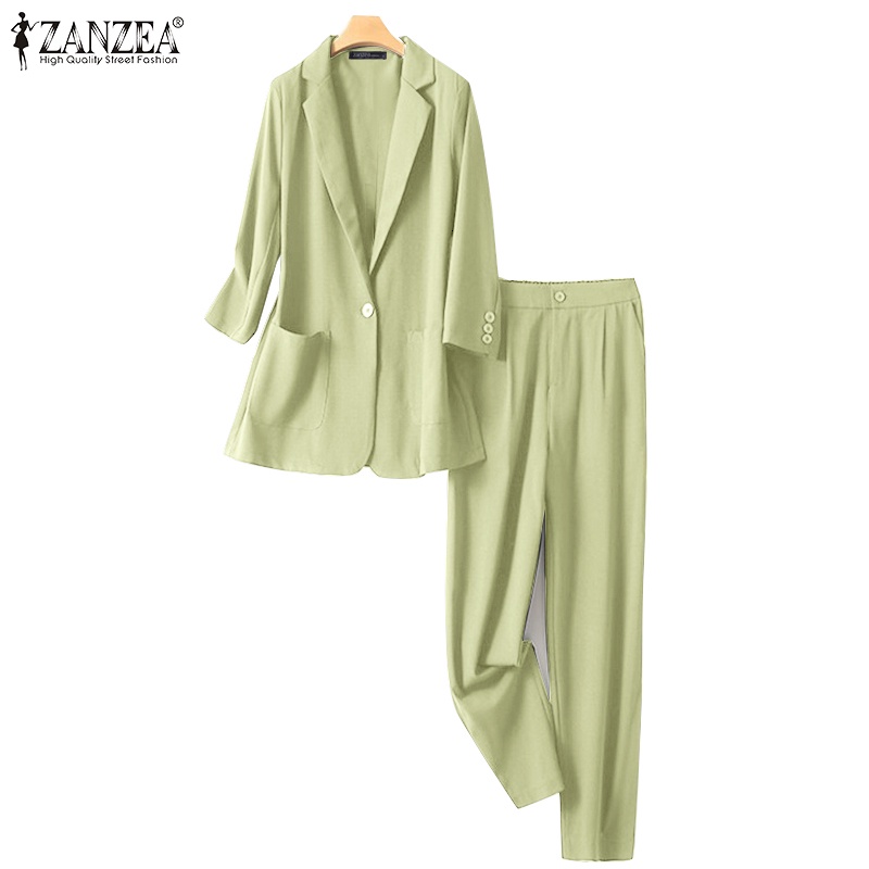 Zanzea 女式兩件式平翻領領 3/4 袖優雅西裝外套 + 腰部鬆緊帶口袋褲