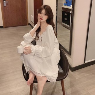 【YW】複古風長袖蕾絲睡裙 可愛公主居家服 長裙睡衣 女生甜美睡衣裙 牛奶絲睡衣裙 大碼寬鬆 可愛睡裙 連身睡裙