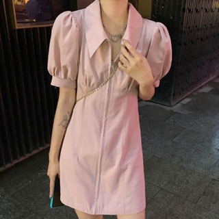 韓版短袖洋裝 Polo領T恤裙 泡泡袖中長裙女