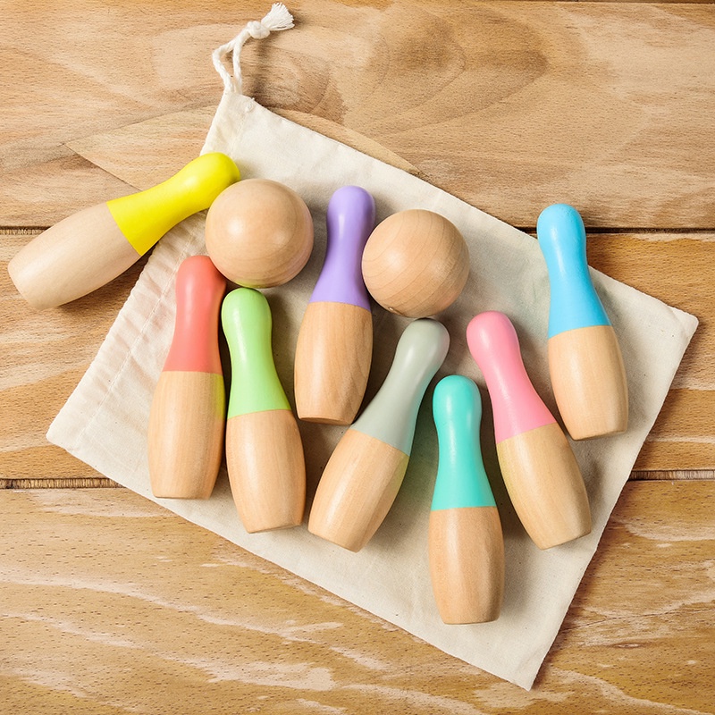Familygongsi 12 件木製粉彩保齡球玩具套裝兒童幼兒家庭室內戶外運動遊戲教育粘合遊戲