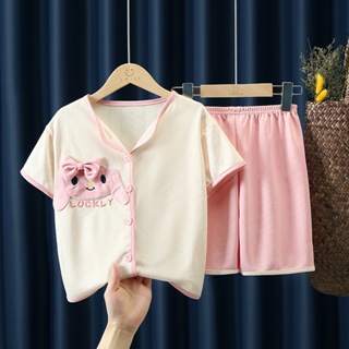 現貨 95-165CM 兒童牛奶絲睡衣 女童夏季短袖薄款 卡通中大童女孩家居服套裝 寶寶睡衣 小孩睡衣兩件套