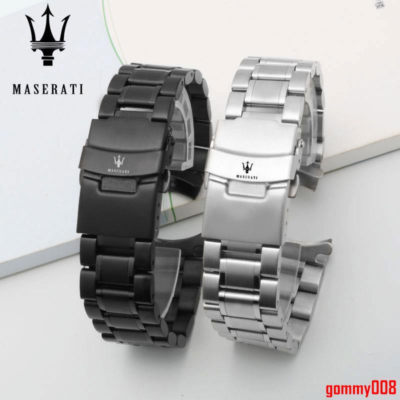 閃購超低價瑪莎拉蒂手錶帶鋼帶實心不鏽鋼手錶帶雙按蝴蝶扣通用接口錶鏈