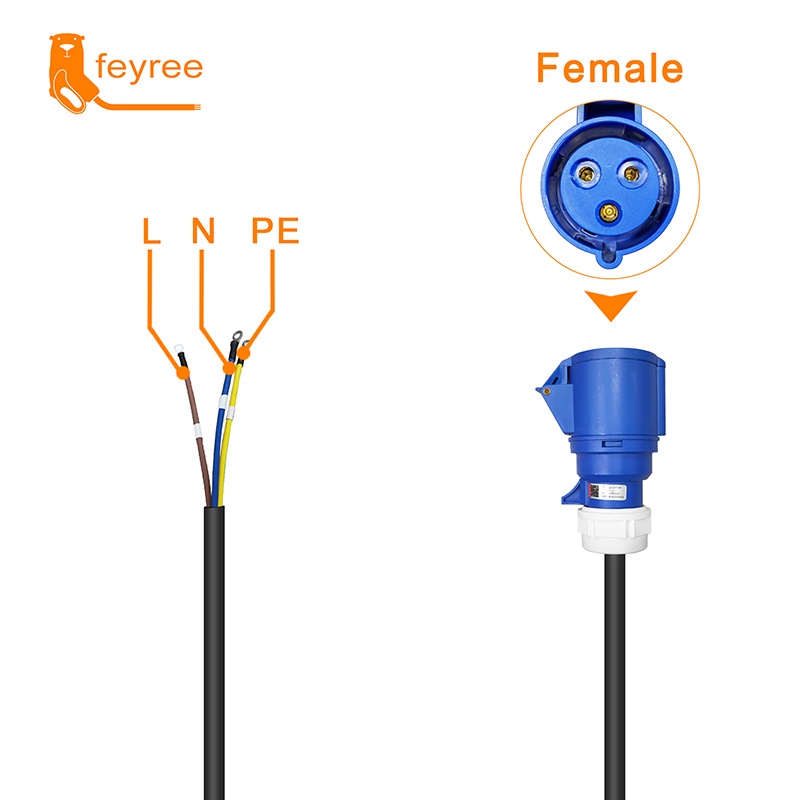 Feyree EV 充電器 CEE 母插頭 3 針適配器防水連接壁掛式插座 32A 1Phase 7KW 便攜式充電器
