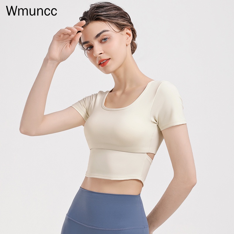 Wmuncc 瑜伽服女短版帶胸墊運動上衣短袖T恤速乾普拉提訓練健身舞蹈跑步
