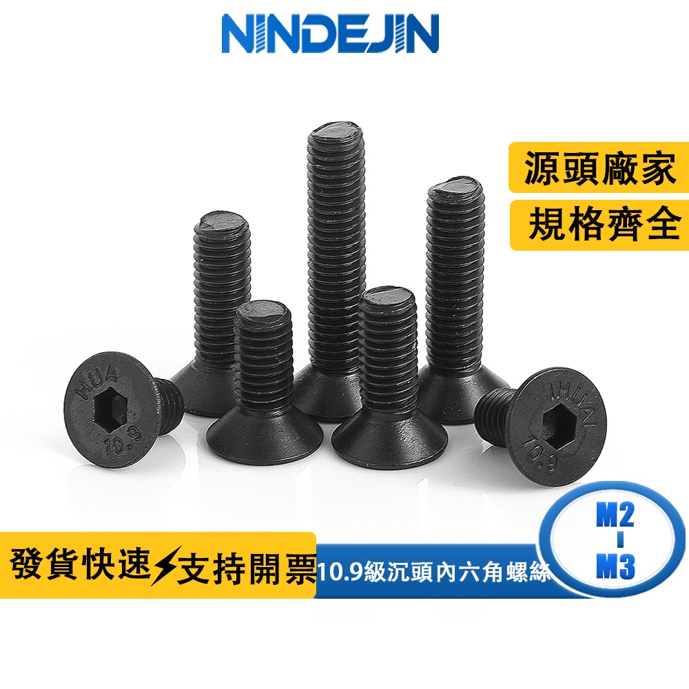 NINDEJIN 10.9級黑色碳鋼平頭內六角螺絲沉頭內六角螺釘家具螺絲傢俱螺釘沉頭螺栓 M2/M2.5/M3