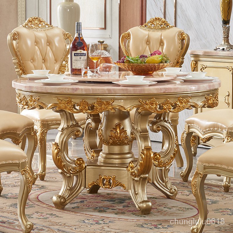 【新品】歐式全實木大理石餐桌雙層圓桌美式小戶型香檳金色餐桌椅組閤6人