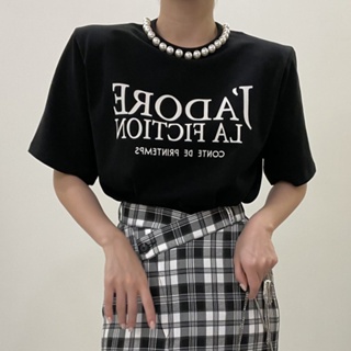 ROVE[輕奢高級]韓國chic春季法式氣質圓領珍珠點綴撞色字母印花設計短袖墊肩T恤
