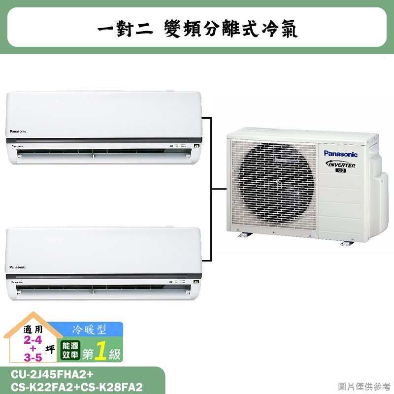 國際牌【CU-2J45FHA2/CS-K22FA2/CS-K28FA2】一對二變頻冷氣(冷暖型)標準安裝