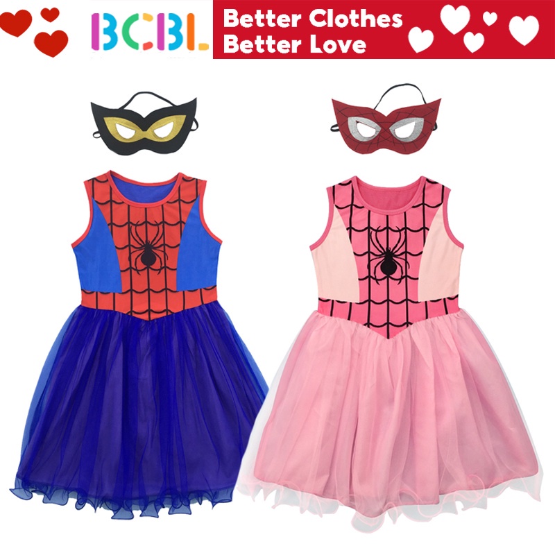 Bcbl 蜘蛛俠兒童女孩連衣裙萬聖節派對禮服 3-9 歲藍色蜘蛛服裝帶眼罩角色扮演公主芭蕾舞短裙 D