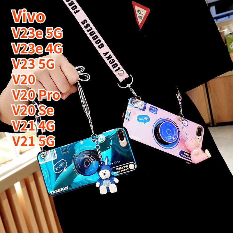 Vivo V21 復古相機掛繩吊帶外殼握把支架矽膠手機殼套帶可愛娃娃暢銷手機殼