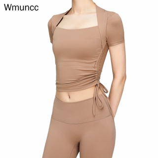 Wmuncc 披肩假兩件套瑜伽 T 恤女士抽繩薄款運動上衣健身服帶胸墊