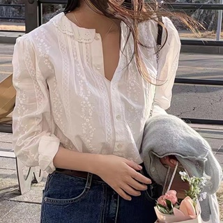 韓版長袖襯衫 蕾絲花邊洋氣小衫 氣質減齡寬鬆上衣