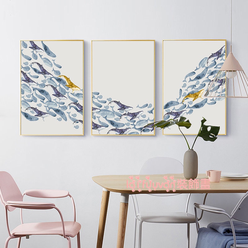 無框畫 北歐裝飾畫 ins風 魚遊生財 魚群 簡單抽象 客廳裝飾畫 牆壁裝飾壁畫