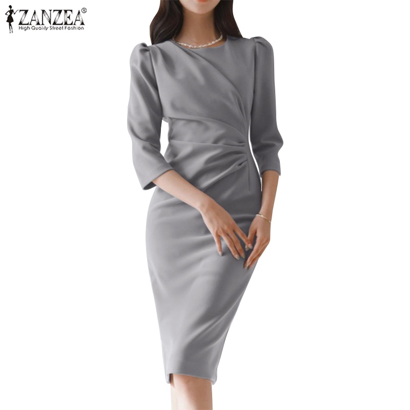 Zanzea 女式韓國時尚設計派對 3/4 袖背面拉鍊辦公室修身連衣裙